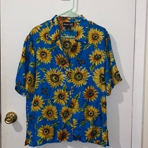 L Silk Button Down Shirt with Sunflowers